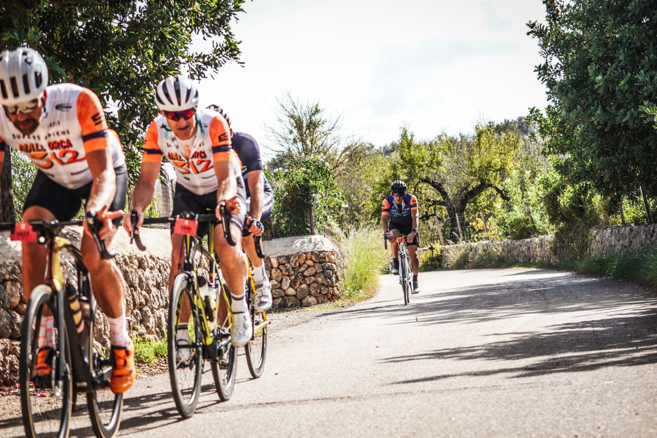 Cyclists riding along a road in Majorca